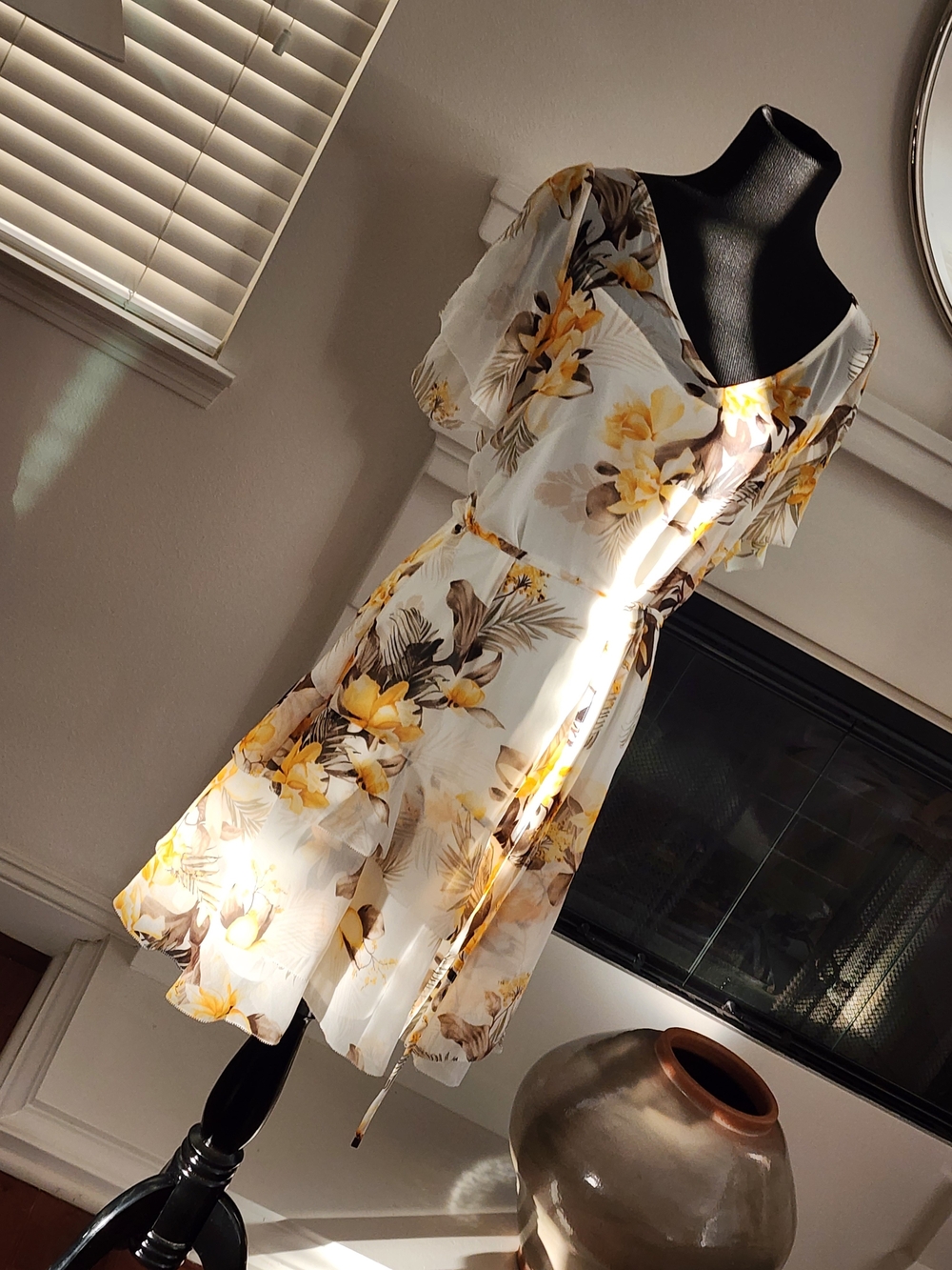 White House Black Market White Floral Midi Dress with Yellow Blooms